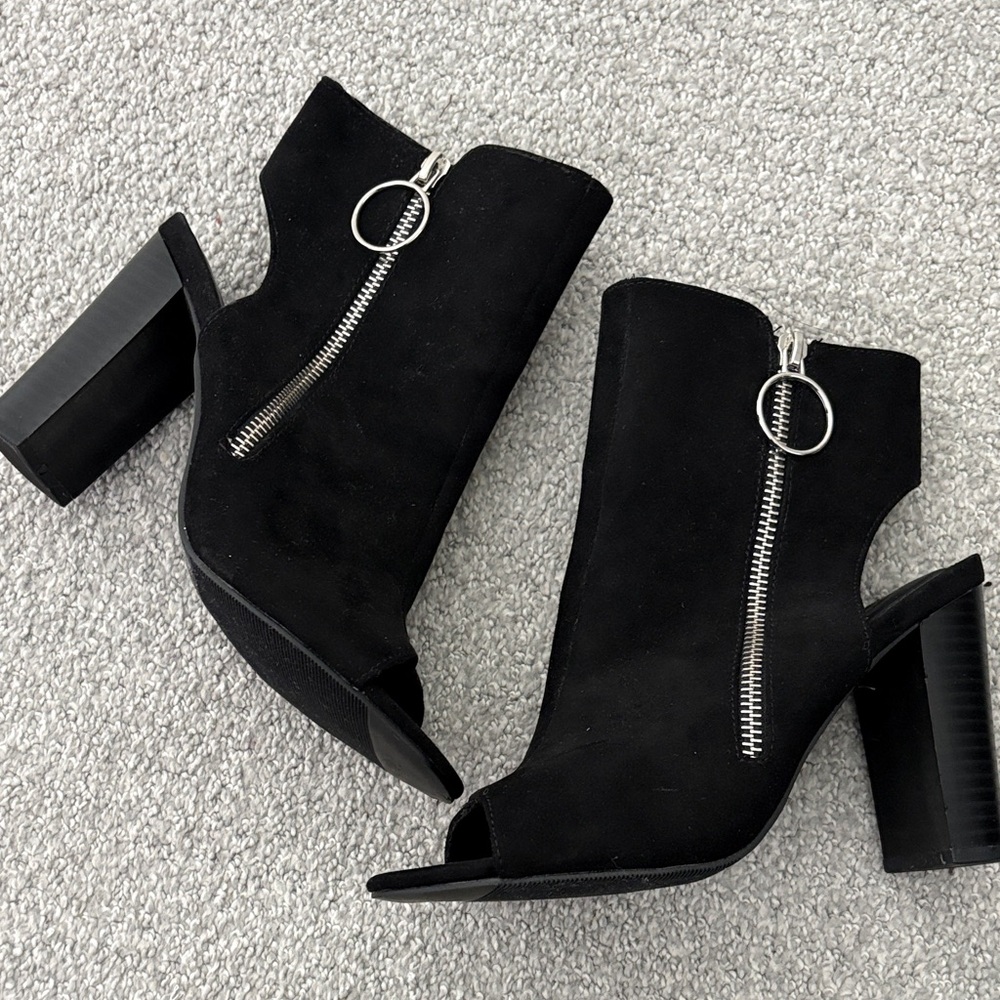Black Suede Peep-Toe Ankle Booties with Silver Zip Detail